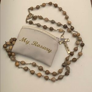 Vintage rosary w grey painted seed pods and stainless wire 30” w cross and Mary